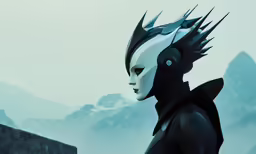 a futuristic man wearing headphones stands near a large mountain range
