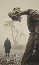 two people staring at an object in a foggy field