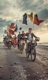 a group of people riding bikes on a beach with flags