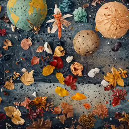 autumn leaves floating on water and one orange