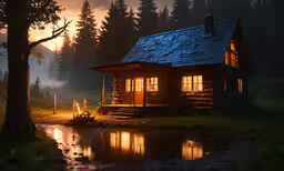 a cabin nestled into the woods next to a river,a little cabin at night with the sun setting on the water