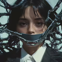 a woman in a suit has metal chains wrapped around her mouth