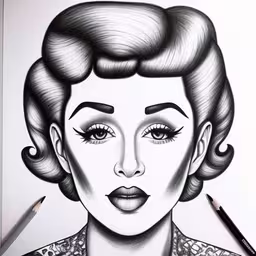 a drawing of a woman with dark hair,drawing art, pencil on paper of a woman in black and white,a drawing of a woman