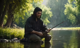 a man in the water fishing for fish,a man squatting down in the river and holding a fishing rod