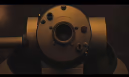 an old style camera has black metal wheels