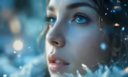 a beautiful young woman with blue eyes surrounded by snow
