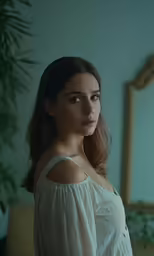 a woman in white blouse looking into the camera