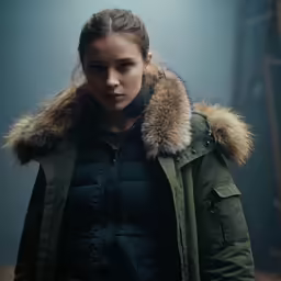 a woman is in a dark room with her coat down