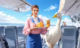 a woman holding a plate of food in front of a goose