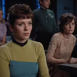 a woman sitting in front of other people at a table