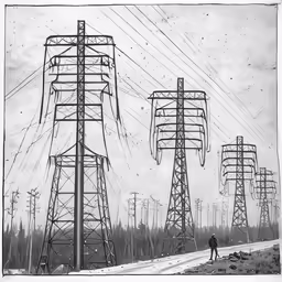the view of a black and white photo shows a man standing at an electric power line