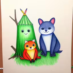 a drawing of a family cat sitting together outside