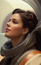 a woman with a brown coat on in the back
