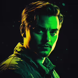 a man is looking to the side with glowing eyes,a man that is standing with a green light