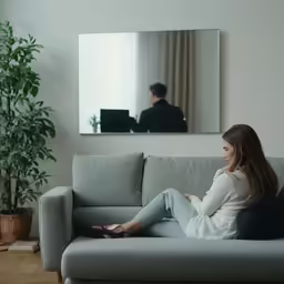 a woman in white shirt sitting on grey couch