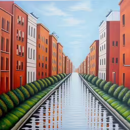 a painting of buildings and a waterway leading to the center