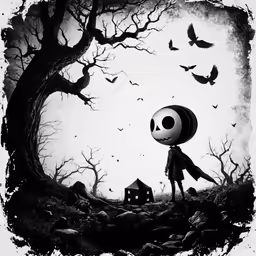 a cartoon skeleton standing in front of a dead tree with bats