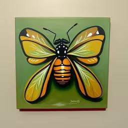 a painting of a colorfully painted butterfly on a green surface,the painting is of a yellow and black butterfly on a green surface