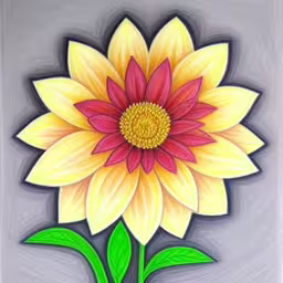 a white vase with a yellow and red flower on it,colorful flower drawing with acrylic paint on paper