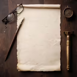 an old sheet of parchment next to a magnifying glass