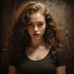 a woman with long, wavy hair looking to the side