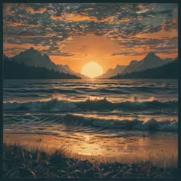 the sun is setting on top of an ocean,the sun setting over mountains, and waves in the water