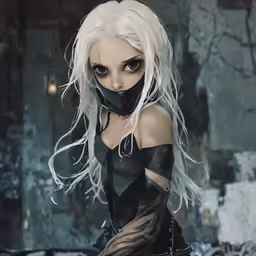 a woman with a face mask and white hair