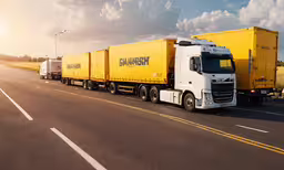 two semi trucks driving on a highway with the sun going down,a yellow semi truck that is traveling down the highway