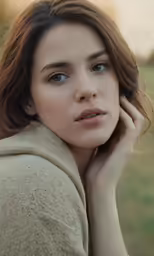 a woman with brown hair is posing