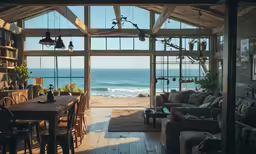 a dining room and living room area with the ocean view