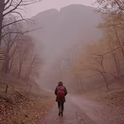 a woman walking along a path surrounded by mountains