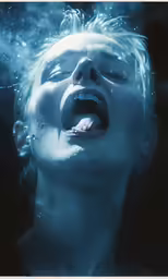 a woman with her mouth open next to bubbles in water