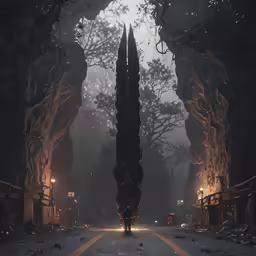 the end of a road with an eerie light on it