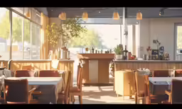 a restaurant setting with two lamps hanging over the table
