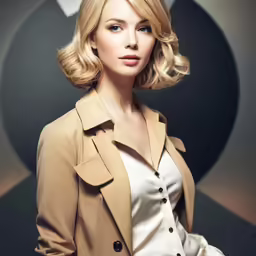 blonde haired woman with shoulder length coat over shoulders posing for camera