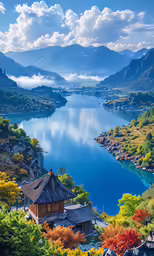 the top view of a lake surrounded by mountains and trees