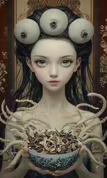 a woman holds a bowl of food with her hair styled like octopus hands