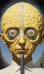 a painting with large yellow eyeballs and a man in shirt