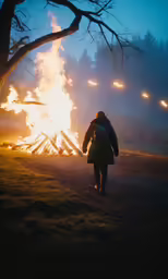 a woman holding a pole is standing by the fire