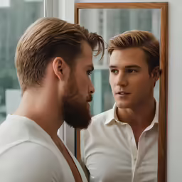 a man with a beard is looking at himself in a mirror