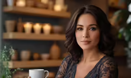 woman sitting at table with coffee mug in front of shelve shelves