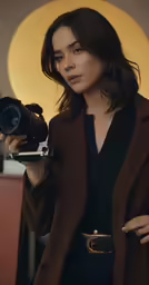 a girl holding a camera in a studio