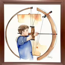 a watercolor drawing of a boy practicing archery,a watercolor painting of a young boy playing with a bow