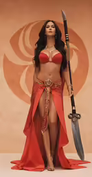 the costume of a sexy girl in red is holding a sword