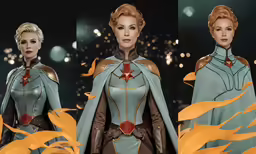 the woman is dressed in a blue and brown outfit
