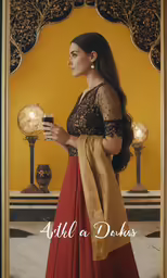 a woman in a red and gold dress with a fan