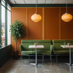 an interior view of a restaurant with green seating and large windows