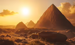three large rocks and pyramids sitting in the foreground