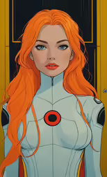 the red headed woman is dressed in silver and has long hair