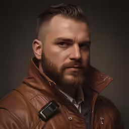 an older man with a leather jacket and beard
